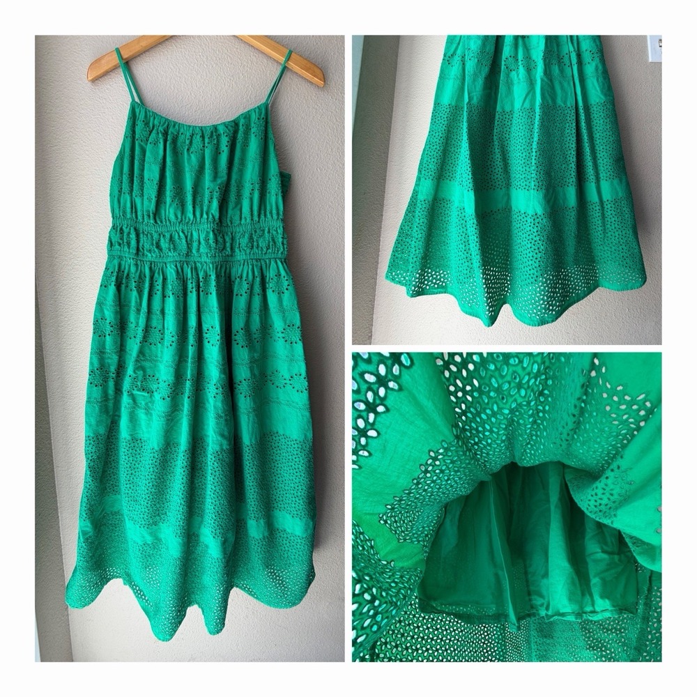 ON 34TH Green Eyelet 100% Cotton Lined Strappy Square Neck Midi Sundress M